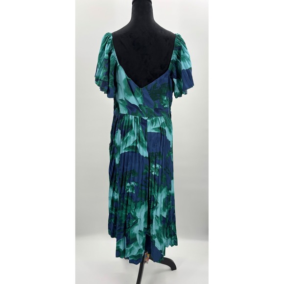 Lulus Midi Dress Blue Green Tie Dye Pleated Flutter Sleeve Square Neck XL - Picture 8 of 13